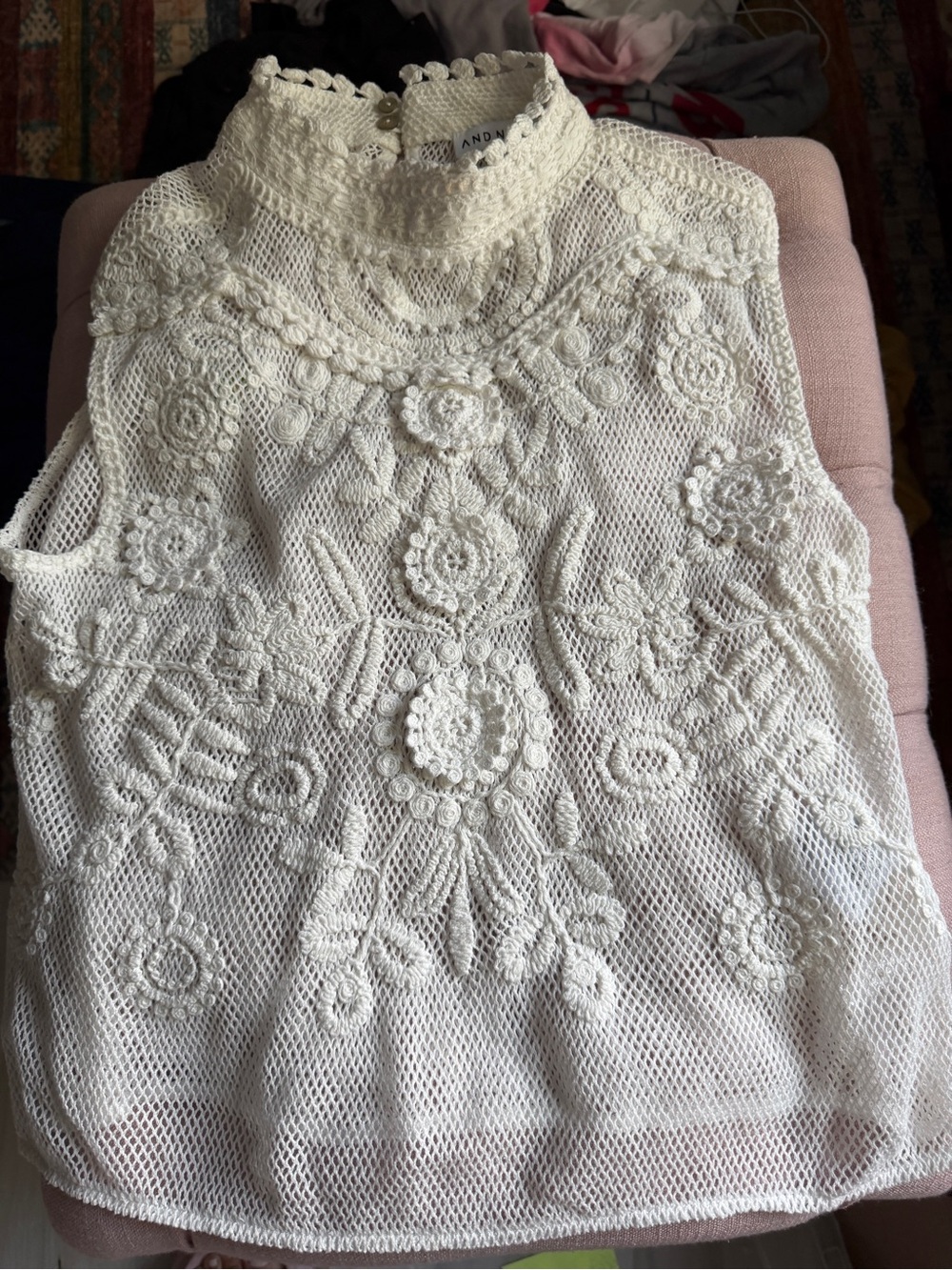Cream Crochet High-Neck Sleeveless Lace Camisole